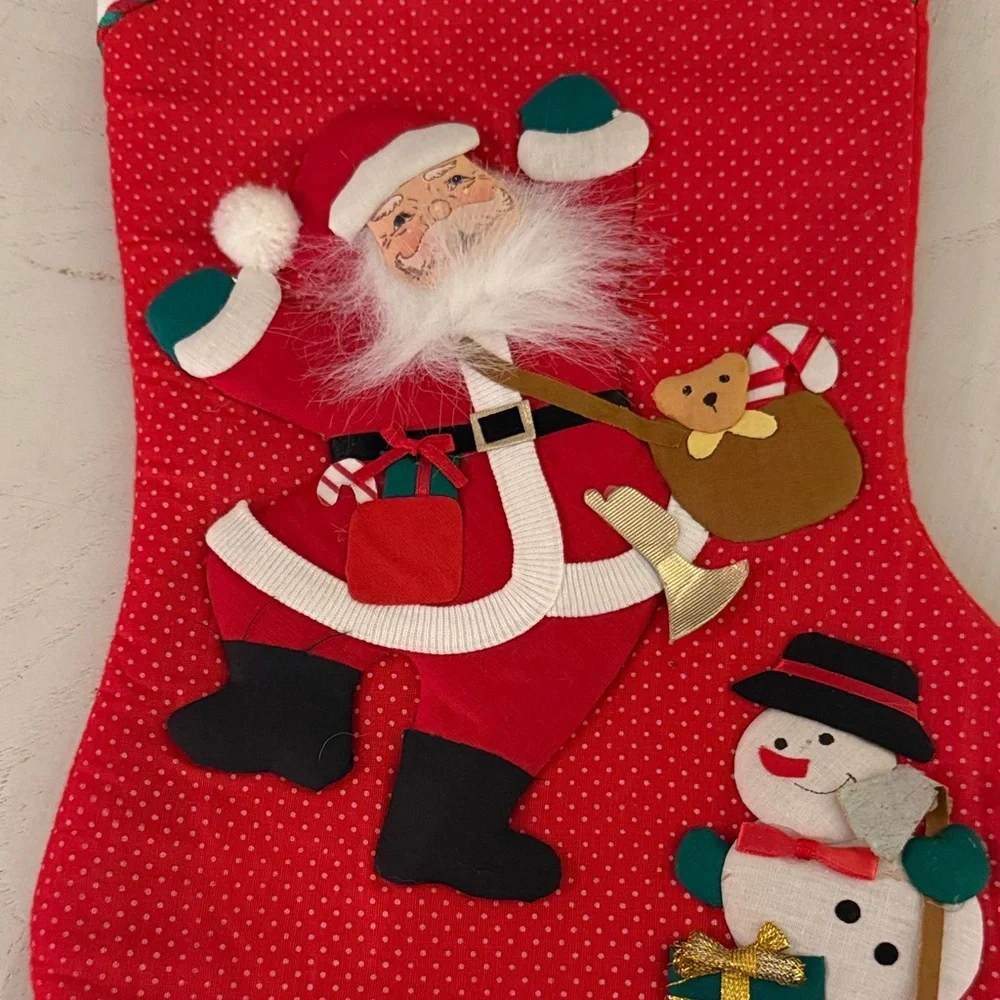 Vtg quilted festive red Christmas stocking with Santa and Snowman